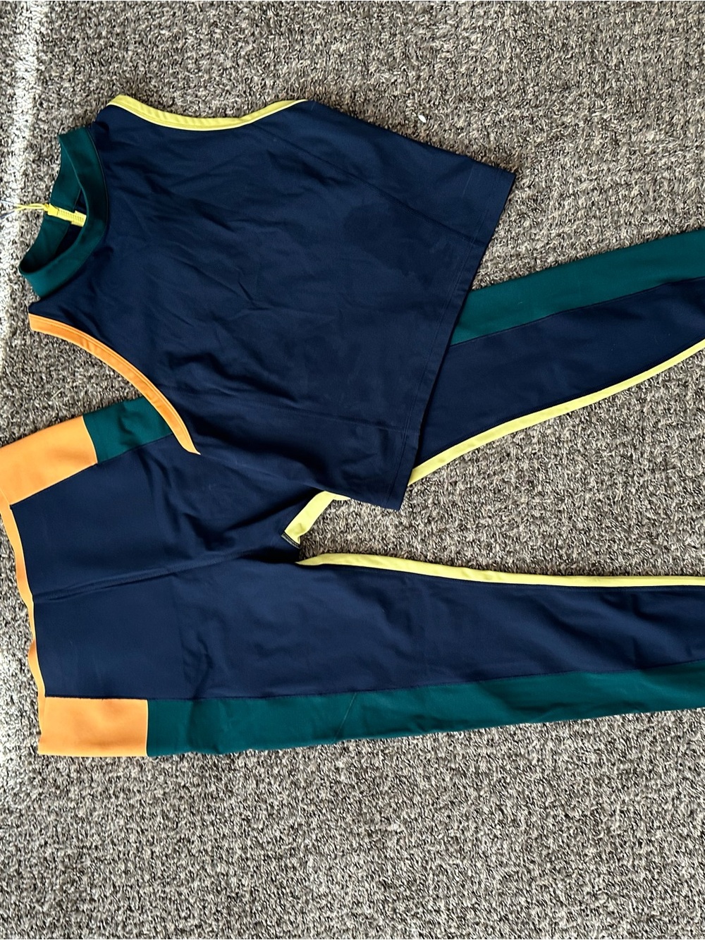 Sweat Betty set: Navy Colorblock Athletic Set with Green and Yellow Trim